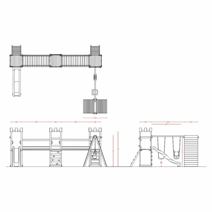 Struttura a n.3 torri Standard disposizione angolare con n.2 ponti di collegamento + n.1 scivolo + altalena con n.1 sedile libero + n.1 sedile a gabbia + sartia climbing - immagine 2